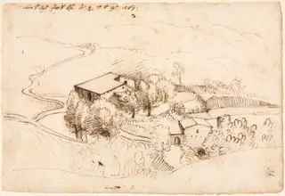 Farm with Trees in a Hilly Landscape (recto), by Gherardo Cibo, 1567