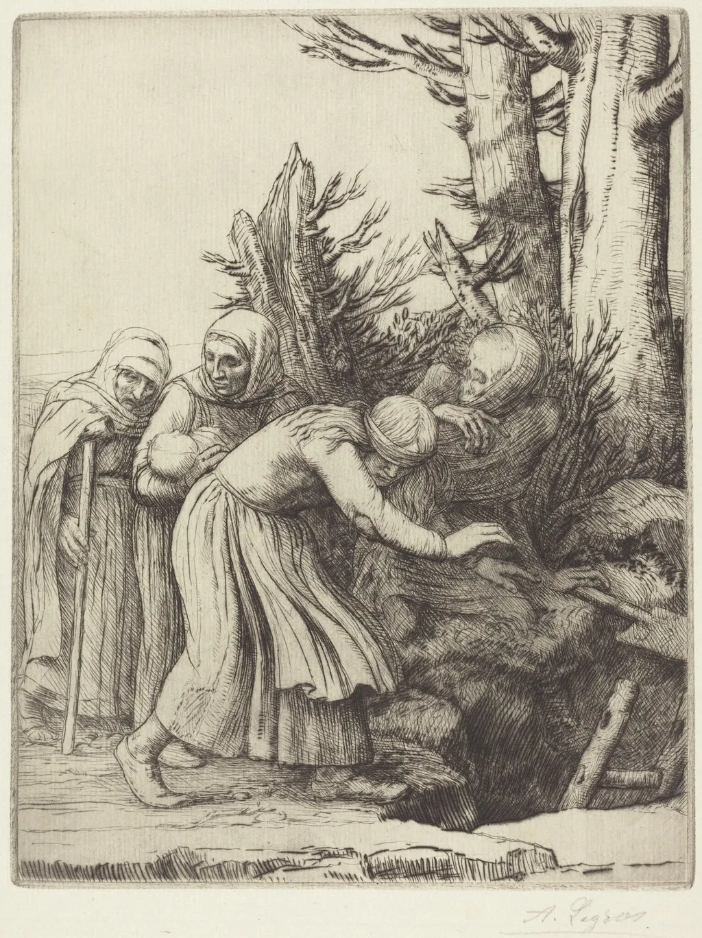 The Triumph of Death: Death Prepares a Dwelling for the Homeless (Le triomphe de la Mort: Lamort a prepare une demeure a des abandonnees), by Alphonse Legros, ink, 1874