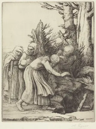 The Triumph of Death: Death Prepares a Dwelling for the Homeless (Le triomphe de la Mort: Lamort a prepare une demeure a des abandonnees), by Alphonse Legros, ink, 1874