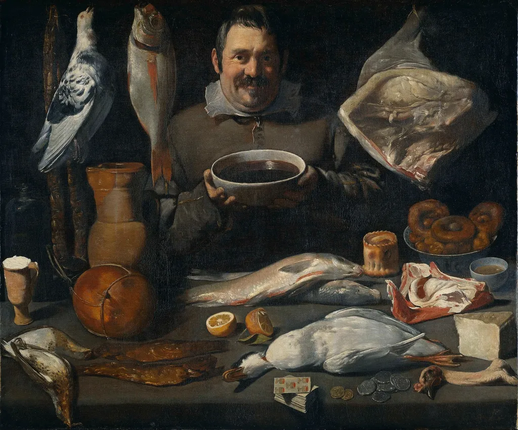 Kitchen Scene, by Master of the Amsterdam Bodegón, oil, 1617