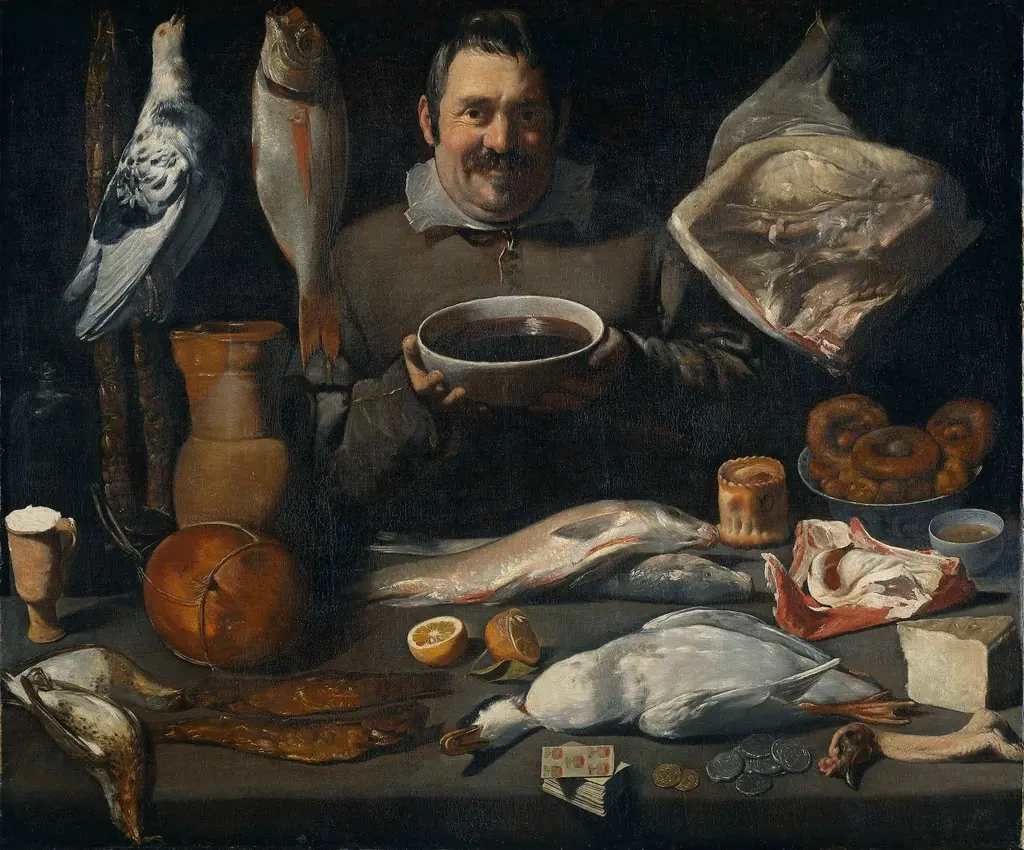 Kitchen Scene, by Master of the Amsterdam Bodegón, oil, 1617