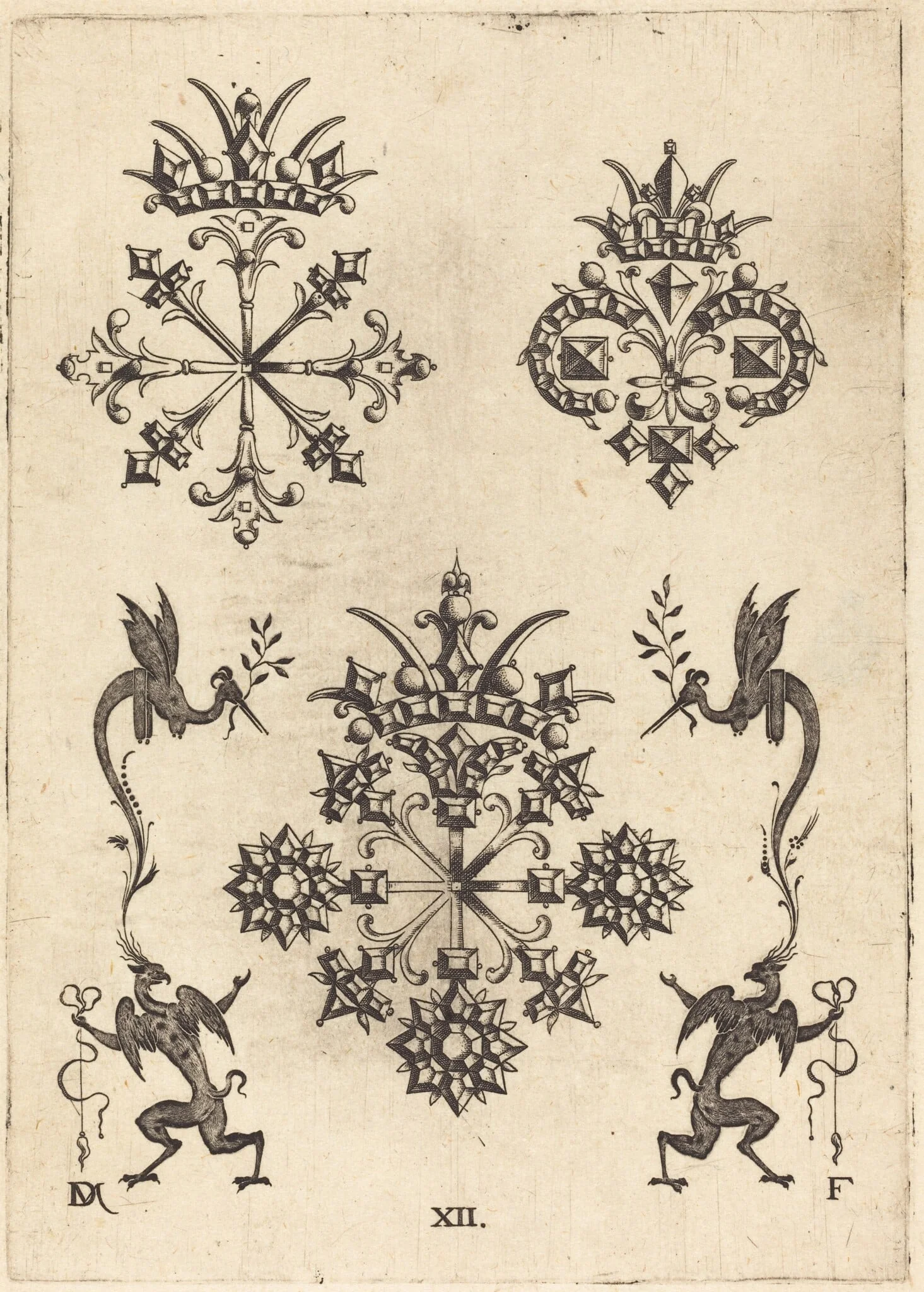 Three Brooches with Winged Snakes at Left and Right and Winged Griffins at Bottom, detail