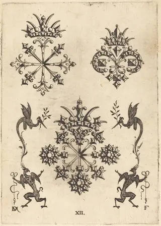 Three Brooches with Winged Snakes at Left  and Right and Winged Griffins at Bottom, by Daniel Mignot, ink, 1596