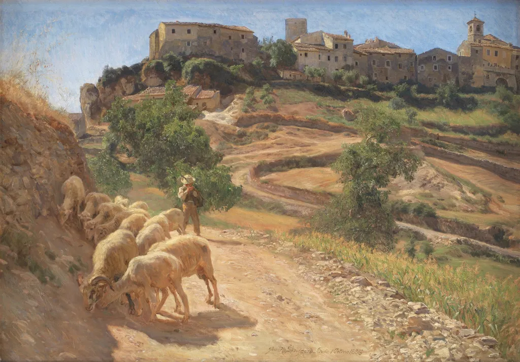 En hyrdedreng med sine får ved Cività d'Antino, by Joakim Skovgaard, oil, 1894