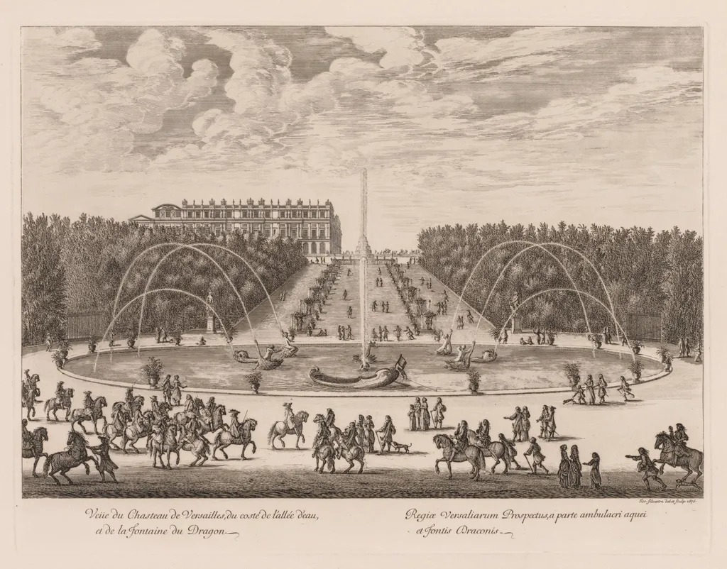 Vue du Château de Versailles, du côté de l'allée et de la fontaine du Dragon, by Israël Silvestre, 1676