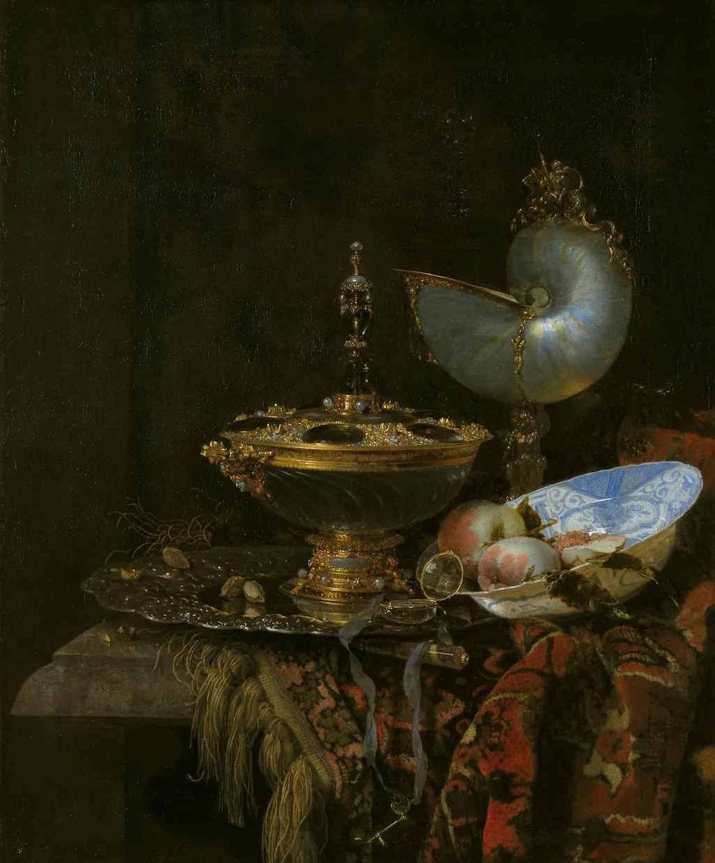 Pronk Still Life with Holbein Bowl, Nautilus Cup, Glass Goblet and Fruit Dish, by Willem Kalf, oil, 1690