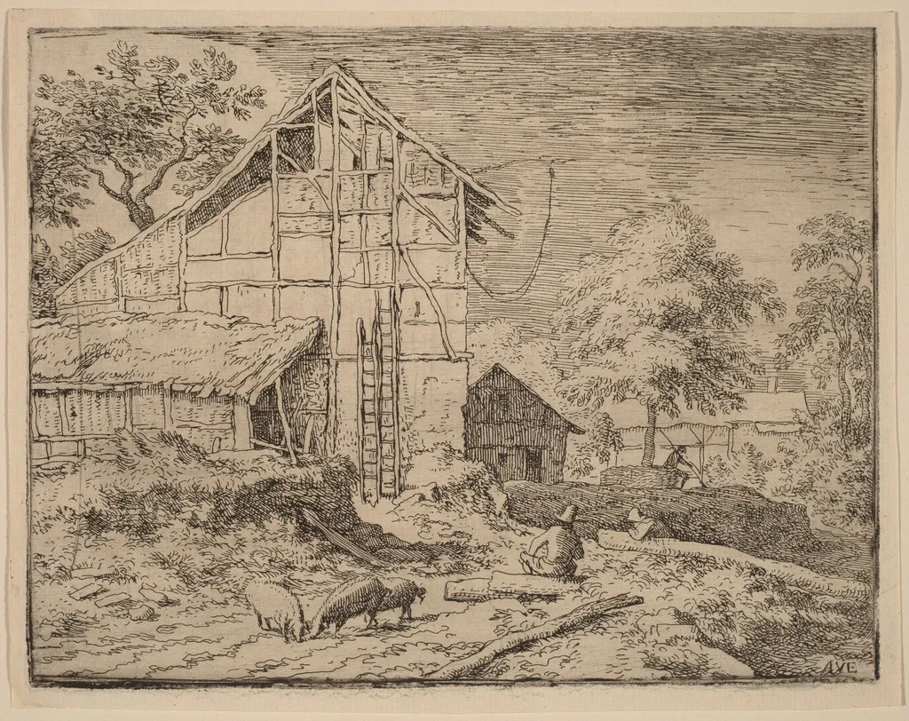 Cottage with Two Ladders, by Allart van Everdingen, ink, 1650