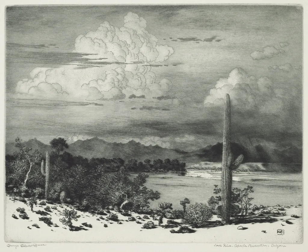 Verde River, Apache Reservation, Arizona, by George Elbert Burr, ink, 1932
