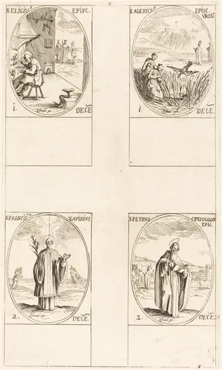 St. Eligius; St. Agericus; St. Francis Xavier; St. Peter Chrysologus, by Jacques Callot, ink, 1634