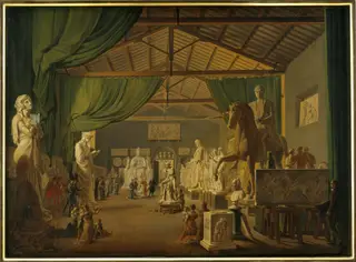 Pave Leo Xll aflægger besøg i Thorvaldsens værksteder ved Piazza Barberini, 18. oktober 1826, by Ditlev Martens, oil, 1828