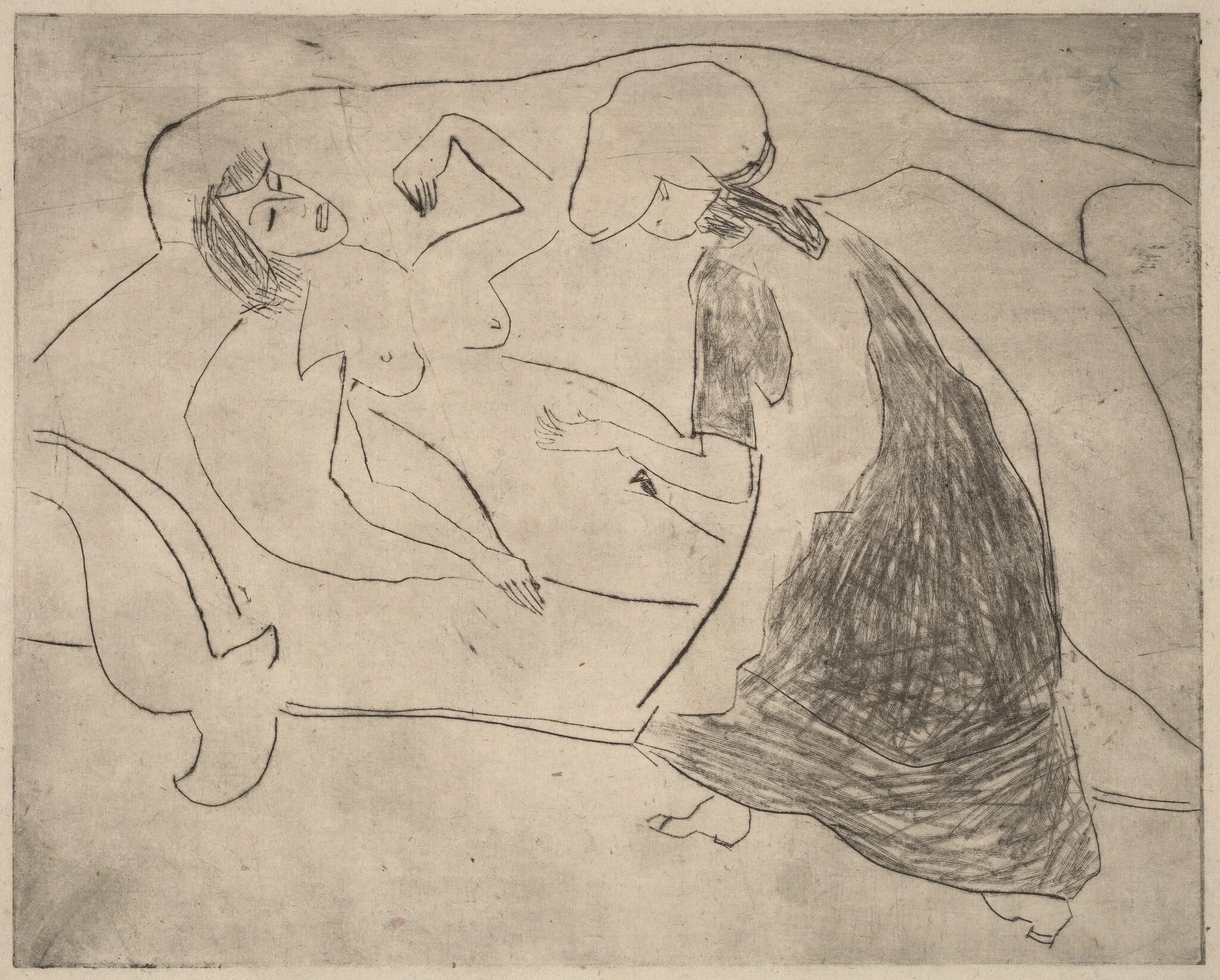 Girl, with Another Rubbing Her Belly, detail
