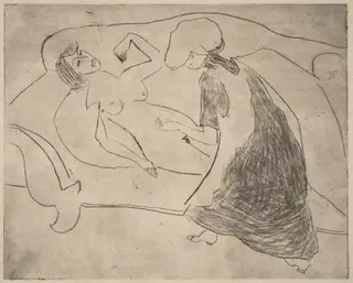 Girl, with Another Rubbing Her Belly, by Ernst Ludwig Kirchner, ink, 1910