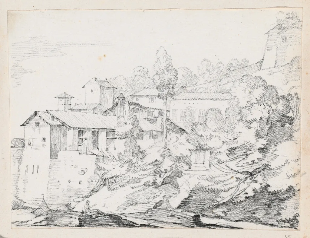 Italian Buildings on a Hillside, by Joseph-Marie Vien, graphite, 1747