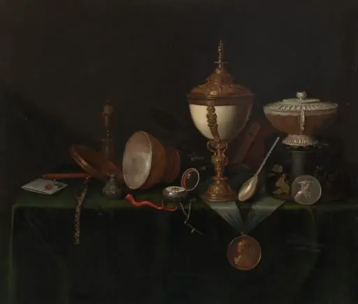 Still Life with Ostrich Egg Cup and the Whitfield Heirlooms, by Pieter Gerritsz van Roestraten, oil, 1670