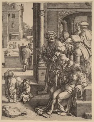 The Poet Virgil Suspended in a Basket, by Lucas van Leyden, ink, 1525
