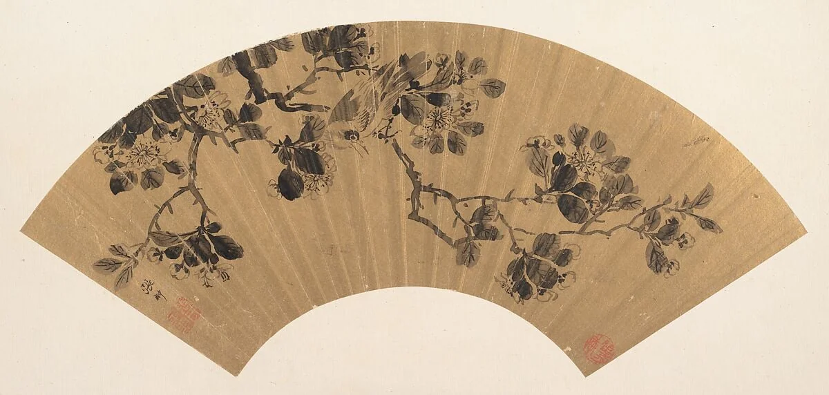 明 張翀 花鳥圖 扇面|Bird on a flowering branch, detail