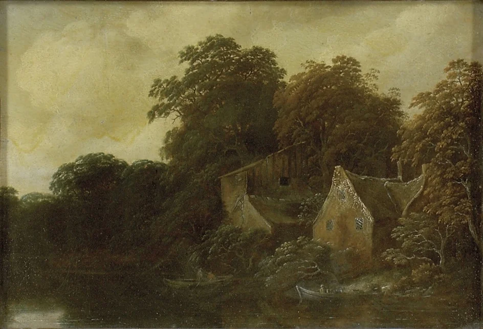 River Scene with a Cottage and Boat, detail
