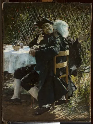 Priest in conversation with a man in a frock coat, by Aleksander Gierymski, oil, 1885