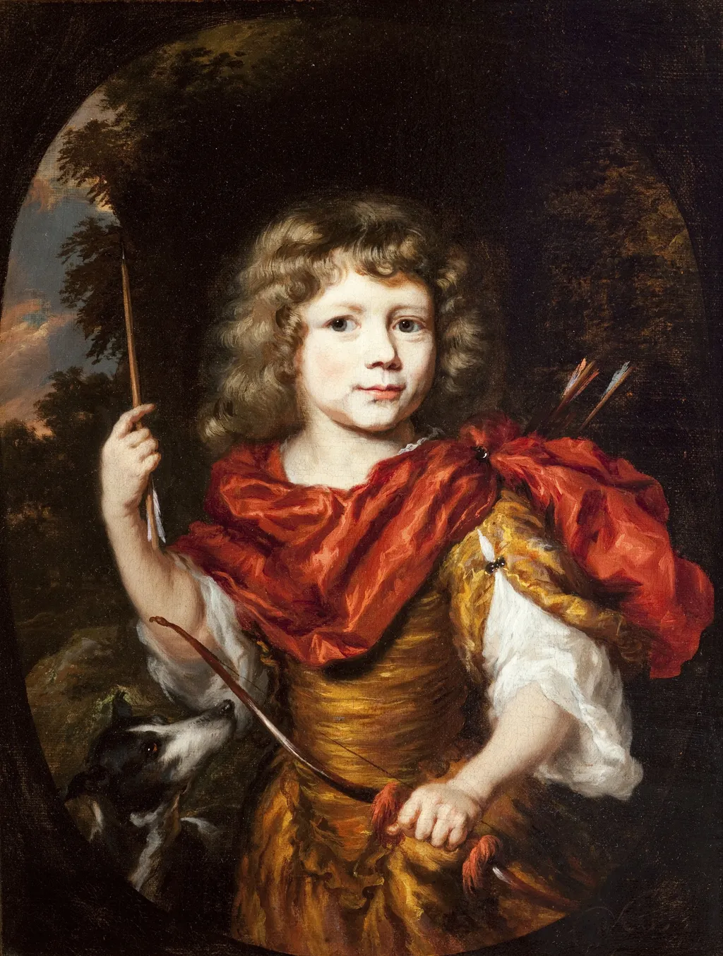 Portrait of a Boy as a Hunter, with a Bow and Arrow and a Dog, by Nicolaes Maes, oil, 1674