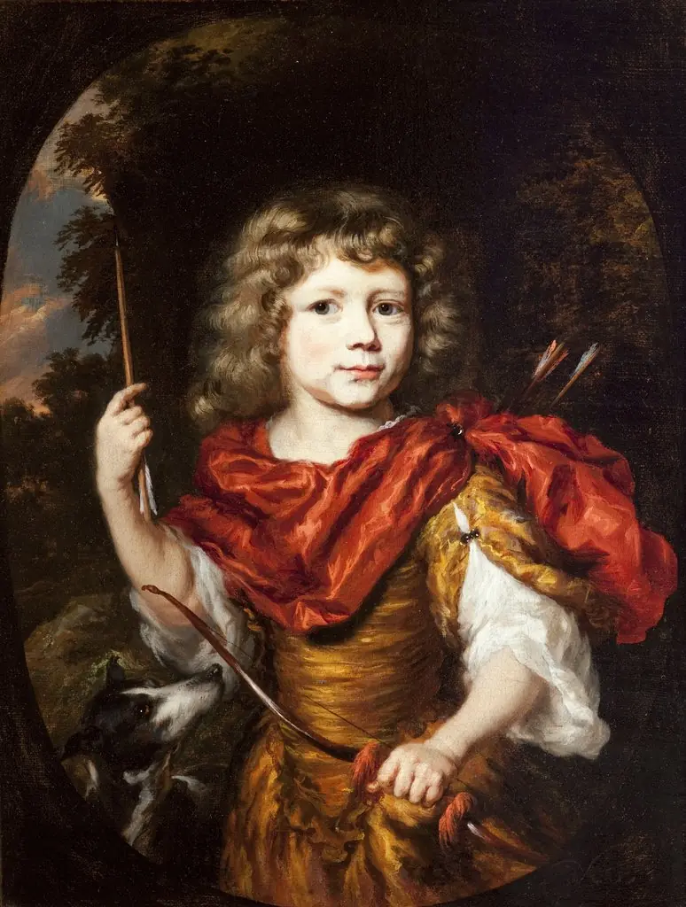 Portrait of a Boy as a Hunter, with a Bow and Arrow and a Dog, by Nicolaes Maes, oil, 1674