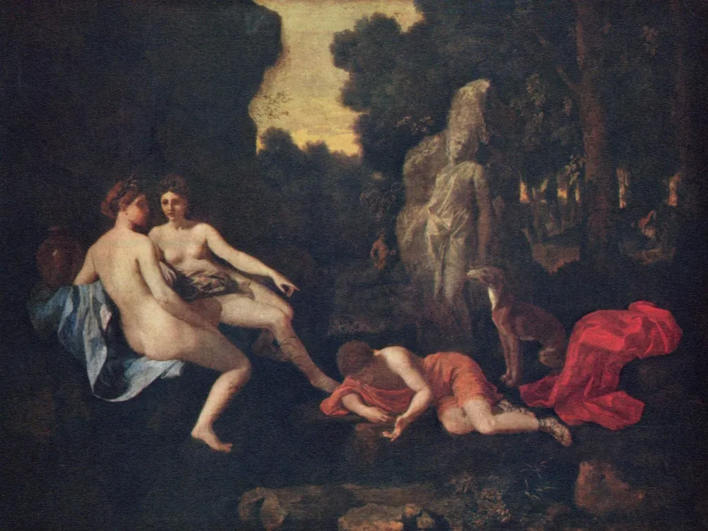 Narcissus with Two Nymphs and Echo, by Nicolas Poussin, oil, 1650