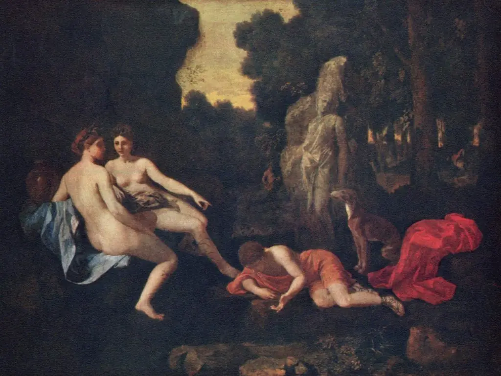 Narcissus with Two Nymphs and Echo, by Nicolas Poussin, oil, 1650