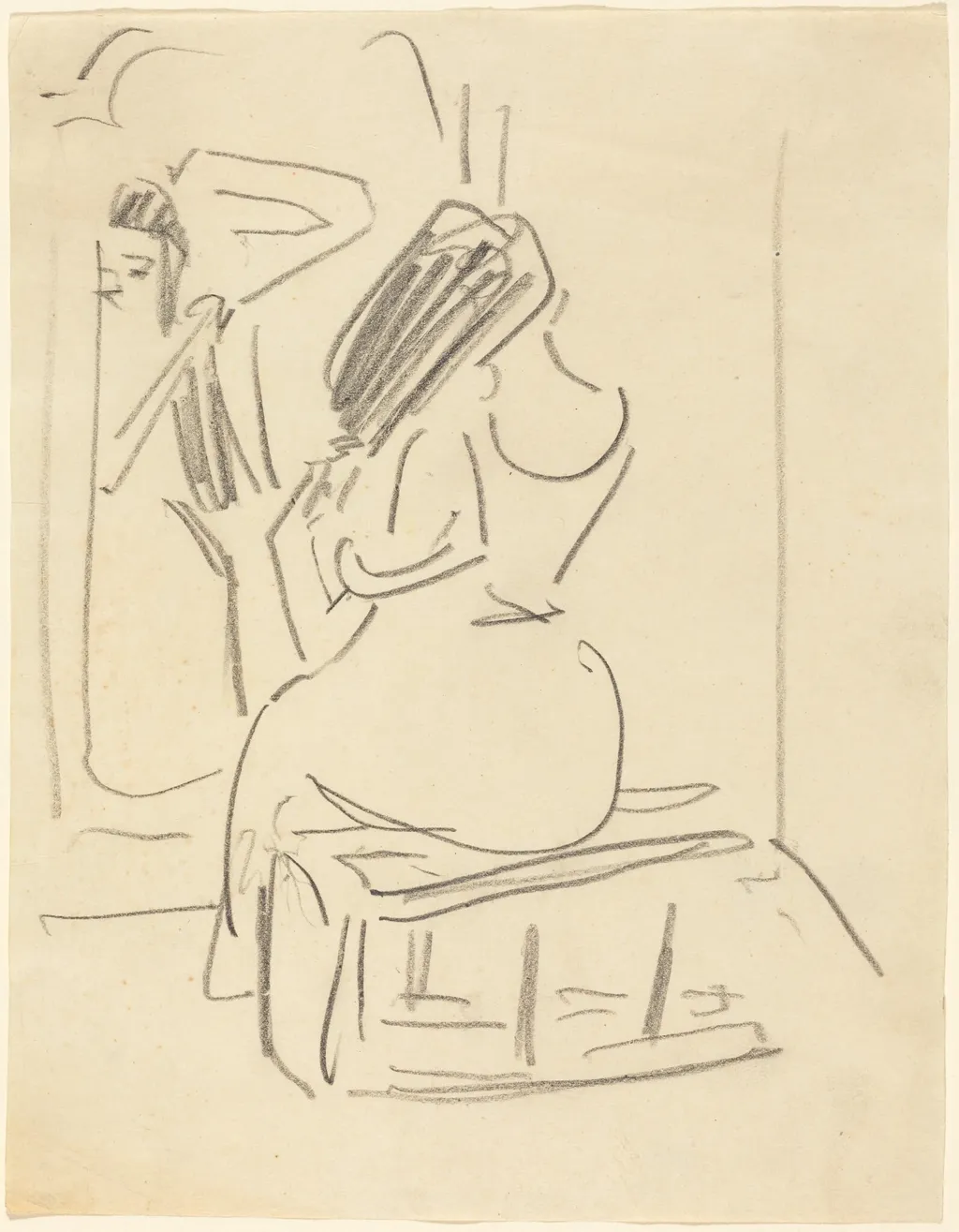 A Woman Combing Her Hair in Front of a Mirror, by Ernst Ludwig Kirchner, graphite, 1909