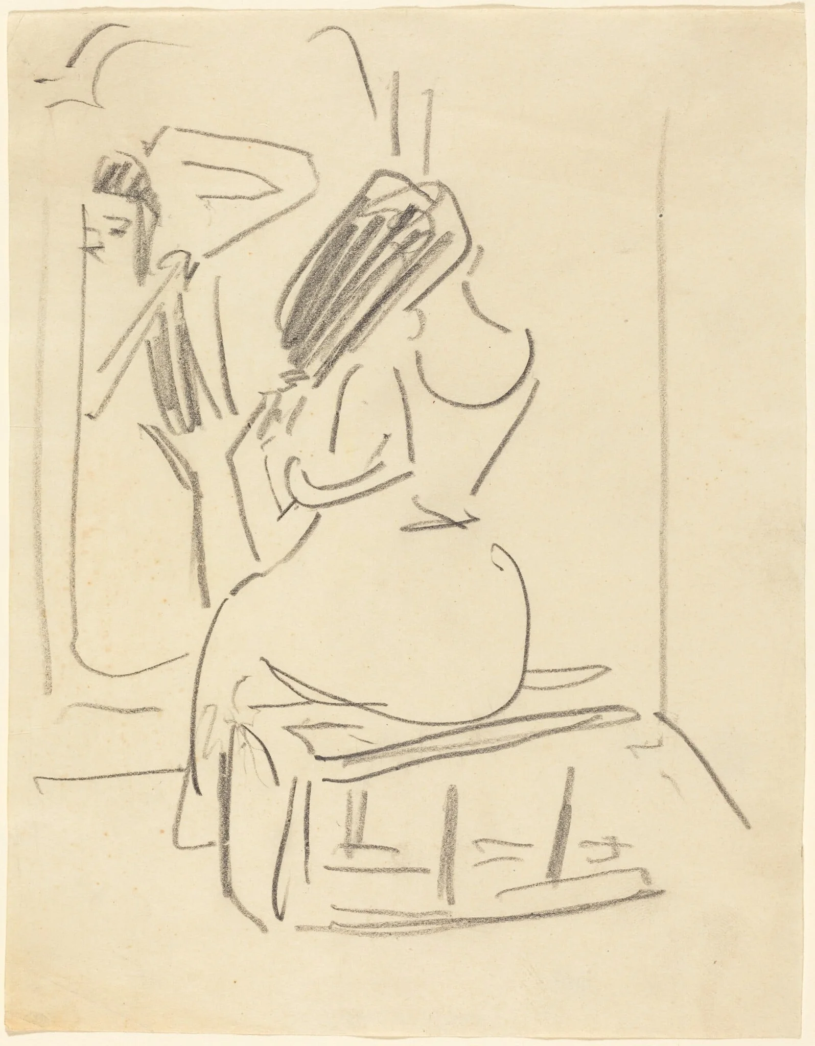 A Woman Combing Her Hair in Front of a Mirror, detail