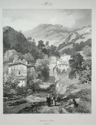 Voyages pittoresques et romantiques dans l'ancienne France.  Auvergne:  Cascades de Thiers, by James Duffield Harding, 1825