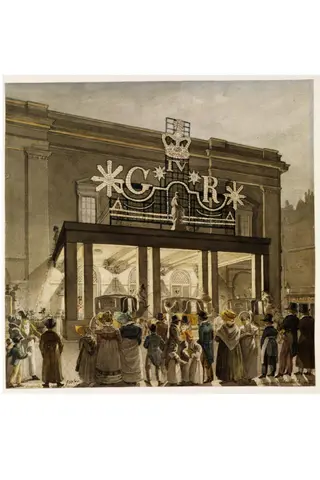 The Exterior of Drury Lane Theatre, by Robert Blemmell Schnebbelie, watercolor, 1821