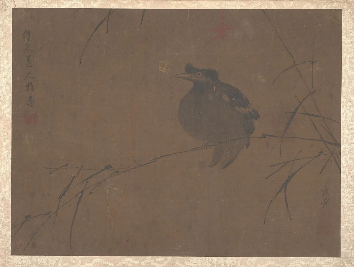 清 郭汝龍 指畫寒禽圖 冊頁|Mynah on Reed, detail