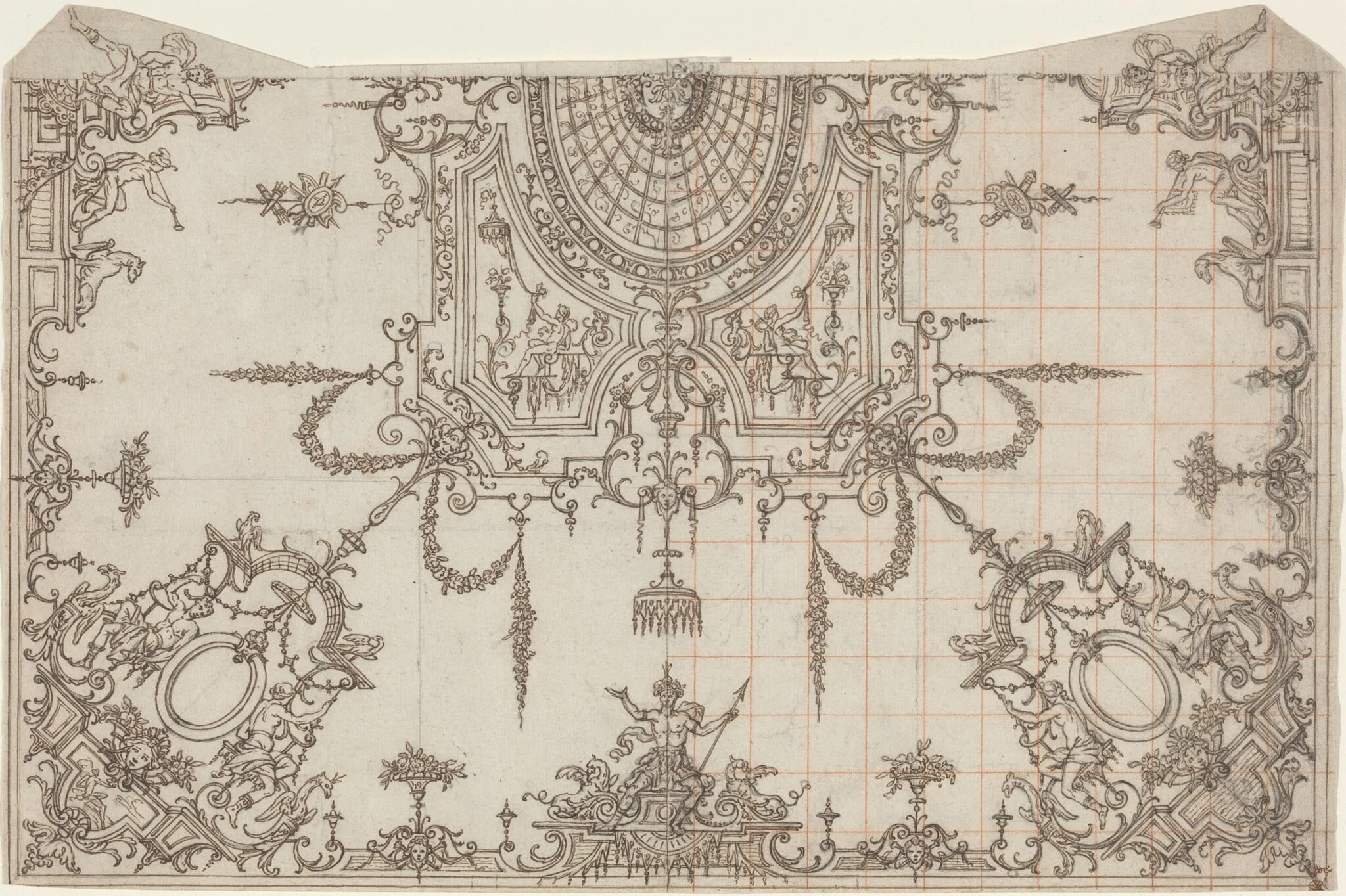 An Elaborate Ceiling with Trellises and Seated Figures, detail