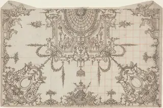 An Elaborate Ceiling with Trellises and Seated Figures, by Jean Berain, chalk, 1700