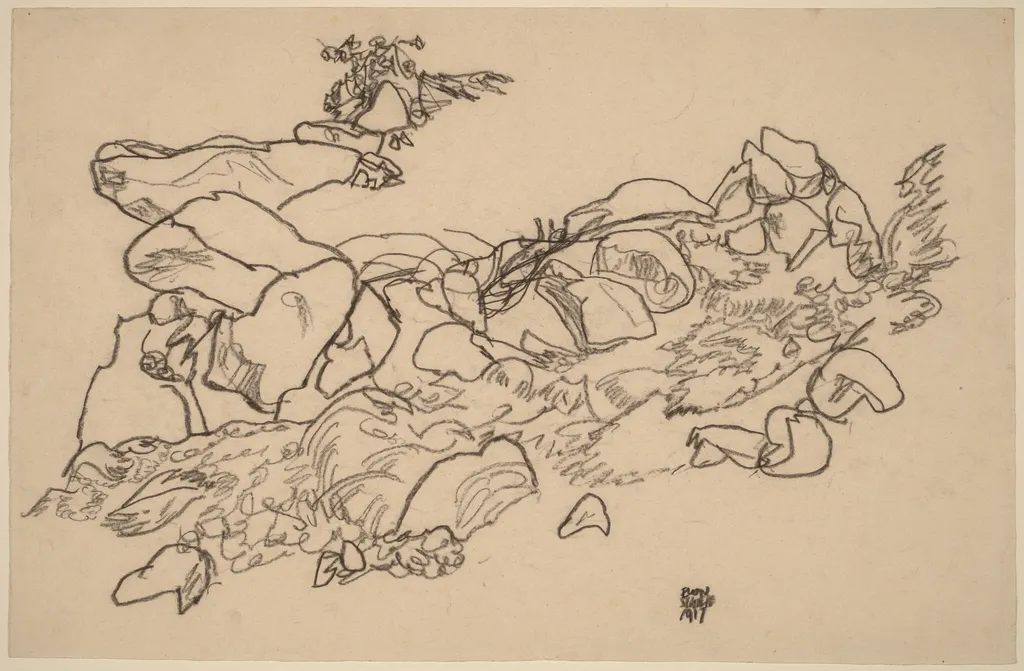 Mountain Stream, by Egon Schiele, crayon, 1917