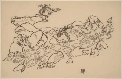 Mountain Stream, by Egon Schiele, crayon, 1917