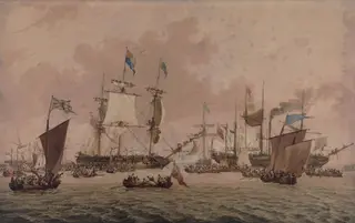 Shipping and boats: George IV passing Great Ormesby, Yarmouth, on his return from Edinburgh 1822, by The Brothers Joy, watercolor, 1822