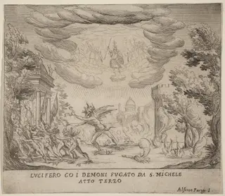 Lucifer and Demons Fleeing Saint Michael, by Alfonso Parigi II, ink, 1631