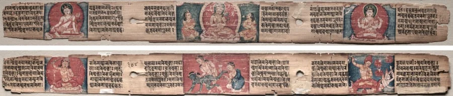 Folio 348 from a Gandavyuha-sutra (Scripture of the Supreme Array): Bodhisattva Manjushri with two forms of Avalokiteshvara (recto); Bodhisattva Samantabhadra purifies the path to enlightenment, with Manjushri (verso), detail