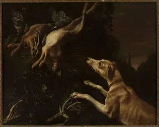 Dog attacking a cat, by Jan Vonck, oil, 1657