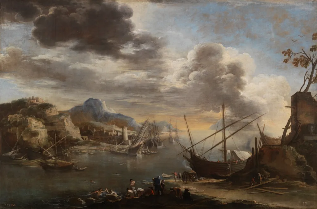 A harbour scene, by Salvator Rosa, oil, 1638