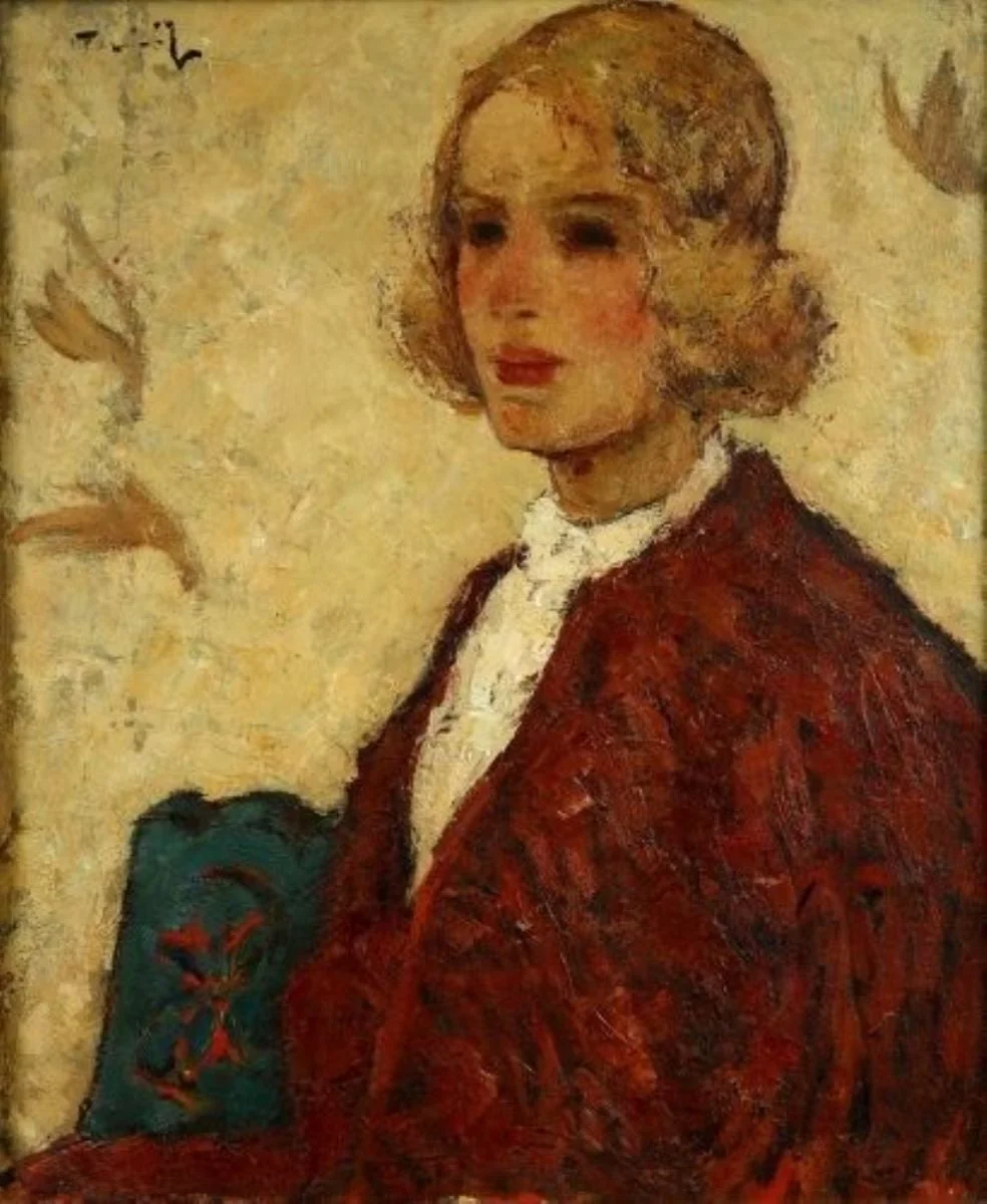 Fată în roșu (Studiu pentru panoul Splin, Chip din Sâmbăta de Sus), detail