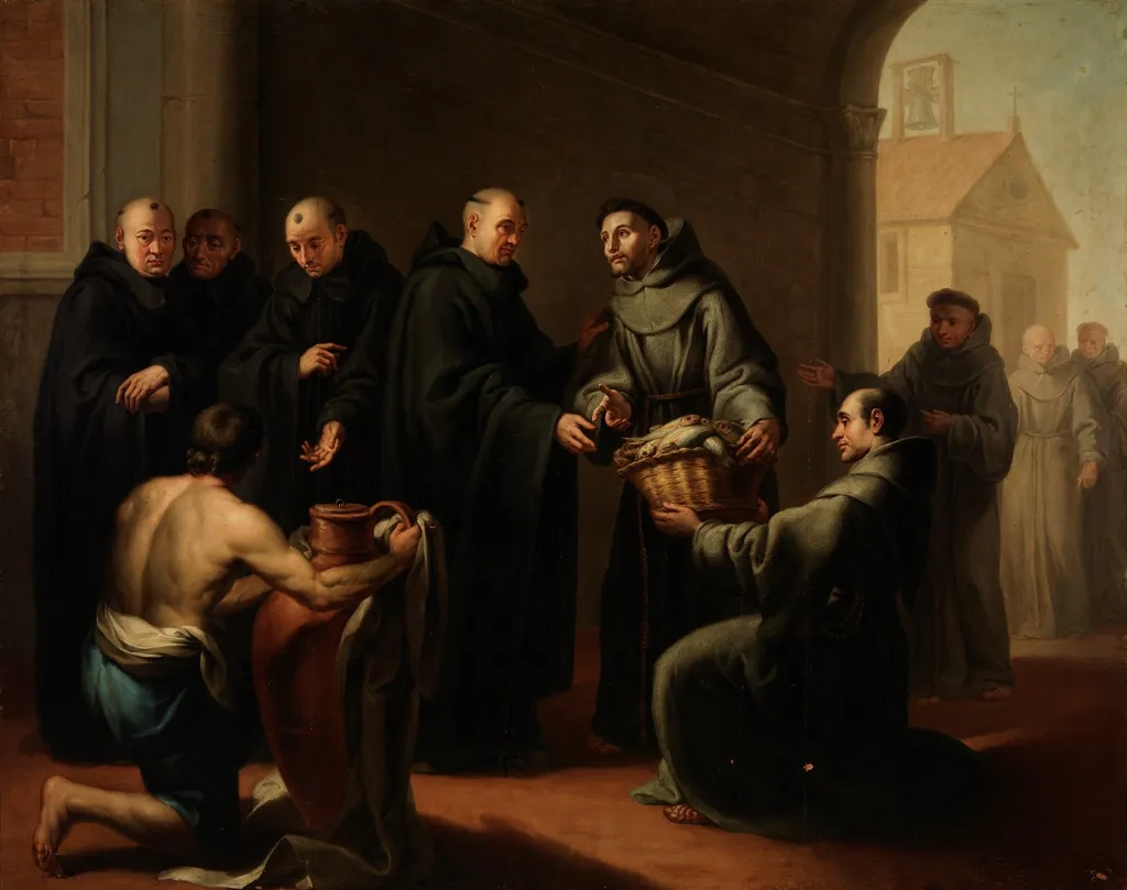 San Francisco recibiendo un cesto de peces, by Manuel de la Cruz, oil