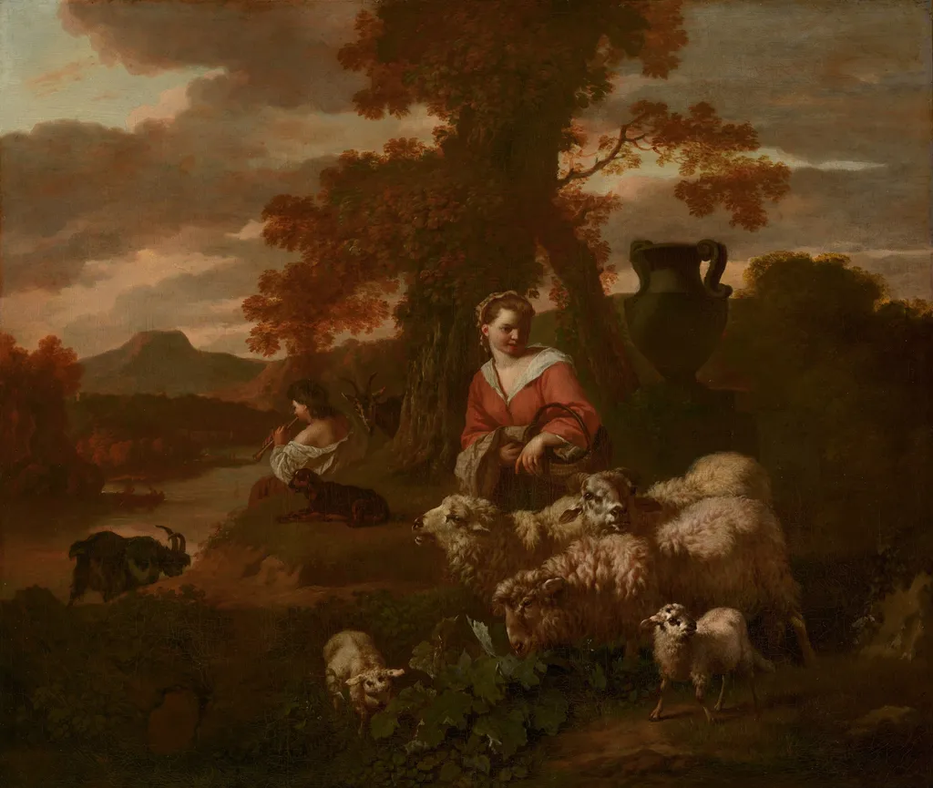 Shepherdess and Shepherd with Sheep and Goats, by Simon van der Does, oil, 1711