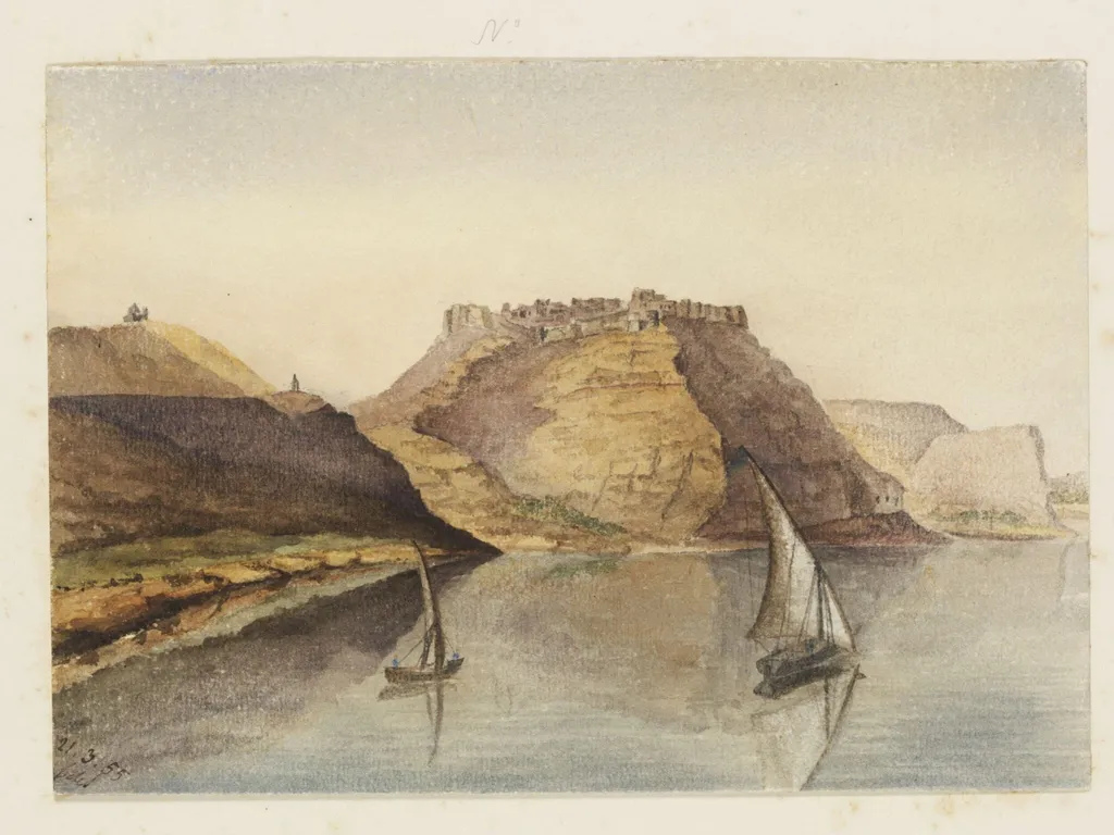 `Castle of Ibreem or Premnis,  Nubia.  Taken from our Boat', by George de Sausmarez, watercolor, 1855