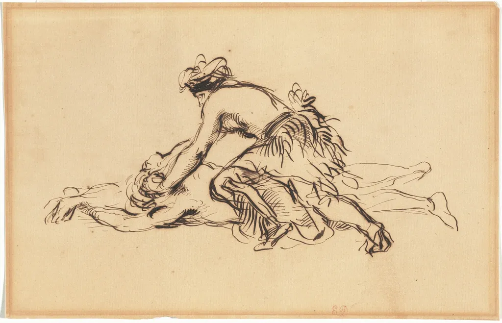 A False Scalping Performed by Iowa Tribe Members in Paris, by Eugène Delacroix, ink, 1845