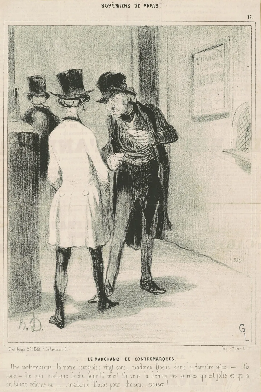 Le marchand de contremarques, by Honoré Daumier, ink, 1842