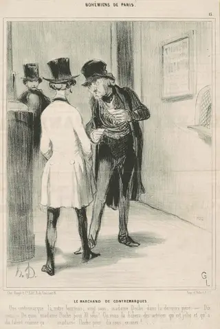Le marchand de contremarques, by Honoré Daumier, ink, 1842