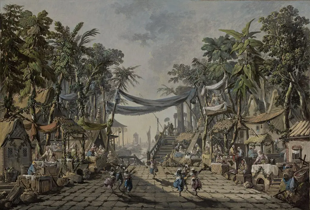 Market Scene in an Imaginary Oriental Port, by Jean Pillement, oil, 1764