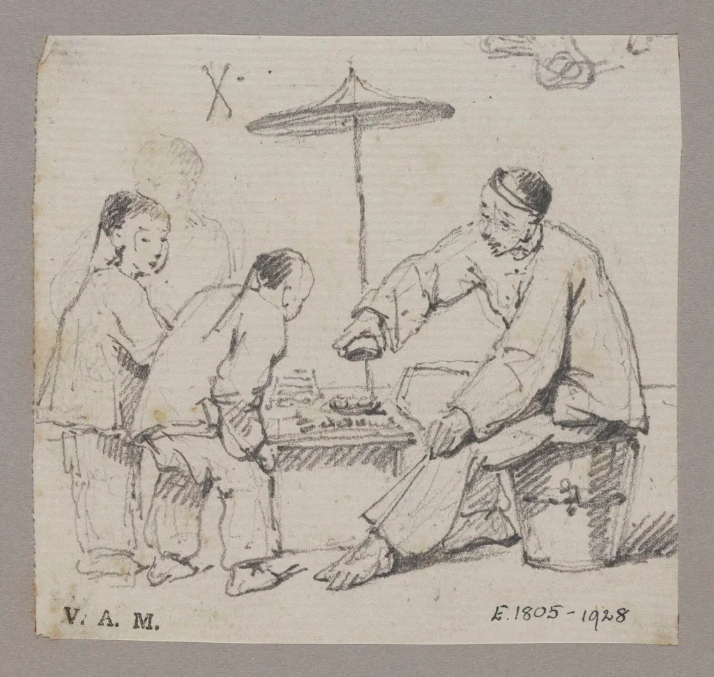 A Chinese man seated at a table, watched by two children, by George Chinnery, 1850