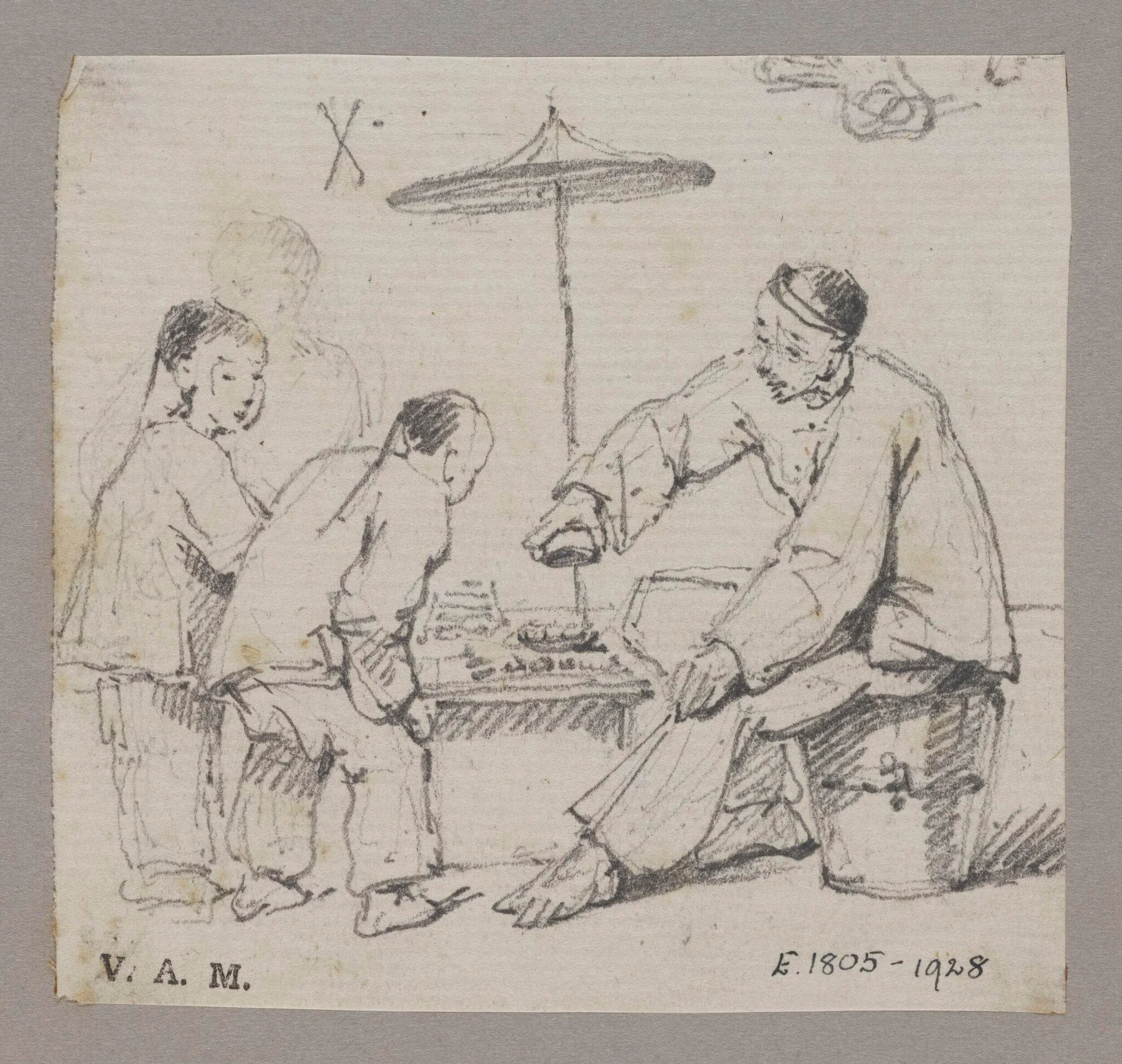A Chinese man seated at a table, watched by two children, detail